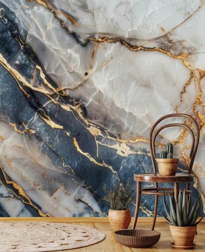 white, blue and gold marble wallpaper mural called Statuario White and Blue Marble for dining rooms, kitchens and bathrooms