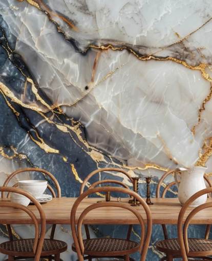 white, blue and gold marble wallpaper mural called Statuario White and Blue Marble for dining rooms, kitchens and bathrooms