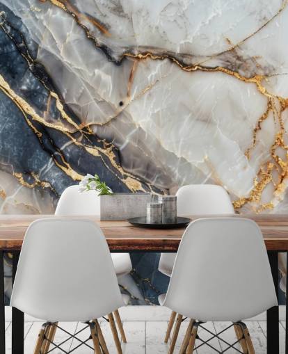 Tapetentapete aus weißem, blauem und goldenem Marmor namens Statuario White and Blue Marble für Esszimmer, Küchen und Badezimmer