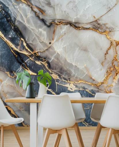 mural de papel pintado de mármol blanco, azul y dorado llamado Statuario White and Blue Marble para comedores, cocinas y baños