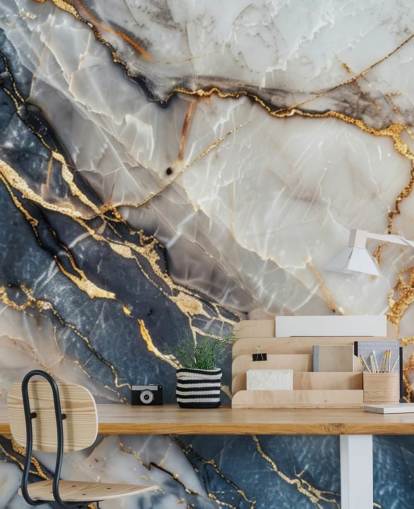 mural de papel pintado de mármol blanco, azul y dorado llamado Statuario White and Blue Marble para comedores, cocinas y baños