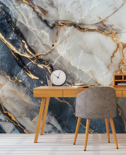 mural de papel pintado de mármol blanco, azul y dorado llamado Statuario White and Blue Marble para comedores, cocinas y baños