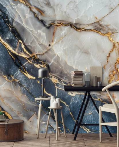 Tapetentapete aus weißem, blauem und goldenem Marmor namens Statuario White and Blue Marble für Esszimmer, Küchen und Badezimmer