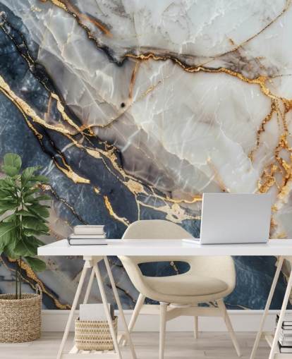 witte, blauwe en gouden marmeren muurschildering genaamd Statuario White and Blue Marble voor eetkamers, keukens en badkamers