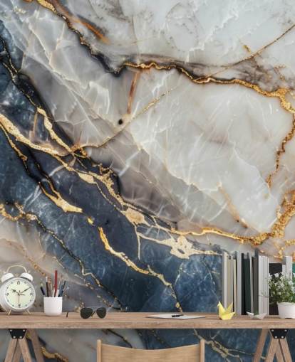 mural de papel pintado de mármol blanco, azul y dorado llamado Statuario White and Blue Marble para comedores, cocinas y baños