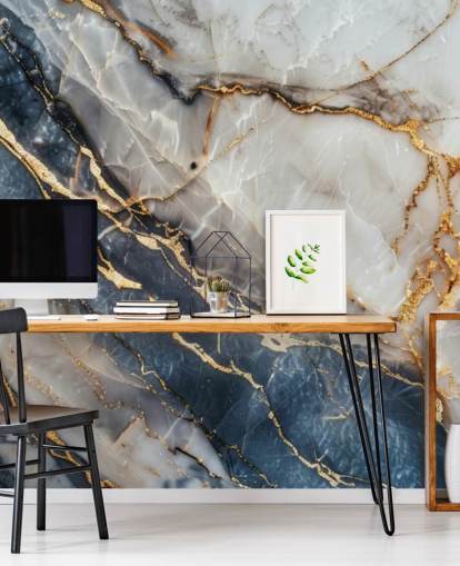 mural de papel pintado de mármol blanco, azul y dorado llamado Statuario White and Blue Marble para comedores, cocinas y baños