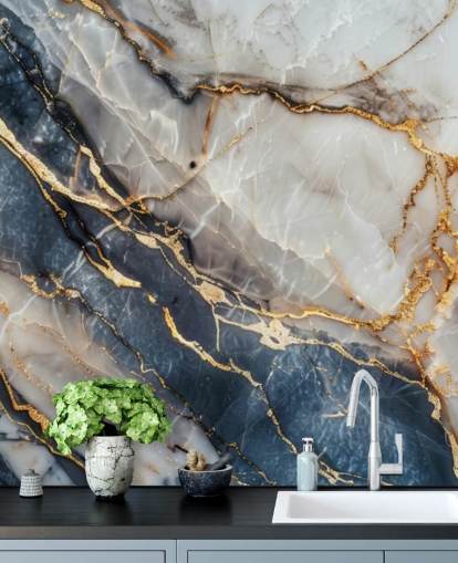 white, blue and gold marble wallpaper mural called Statuario White and Blue Marble for dining rooms, kitchens and bathrooms