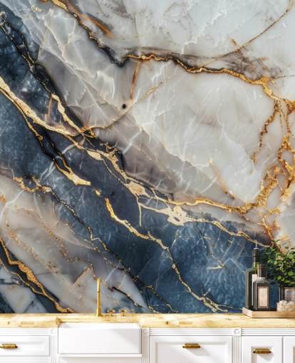 mural de papel pintado de mármol blanco, azul y dorado llamado Statuario White and Blue Marble para comedores, cocinas y baños