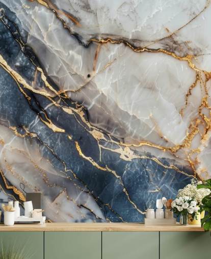 carta da parati murale in marmo bianco, blu e oro chiamato Statuario White and Blue Marble per sale da pranzo, cucine e bagni