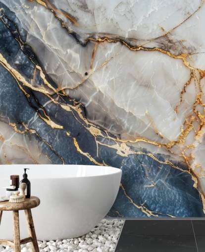 witte, blauwe en gouden marmeren muurschildering genaamd Statuario White and Blue Marble voor eetkamers, keukens en badkamers