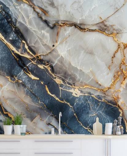 papier peint mural en marbre blanc, bleu et or appelé Statuario White and Blue Marble pour les salles à manger, les cuisines et les salles de bain