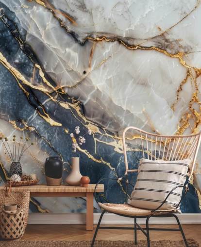white, blue and gold marble wallpaper mural called Statuario White and Blue Marble for dining rooms, kitchens and bathrooms