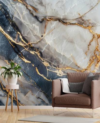 valkoinen, sininen ja kultainen marmorinen taustakuvamaalaus nimeltä Statuario White and Blue Marble ruokasaleihin, keittiöihin ja kylpyhuoneisiin