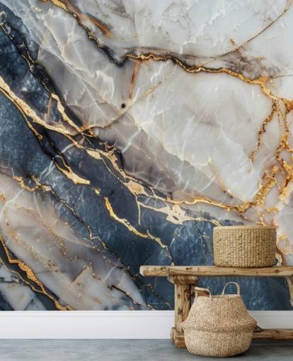 carta da parati murale in marmo bianco, blu e oro chiamato Statuario White and Blue Marble per sale da pranzo, cucine e bagni