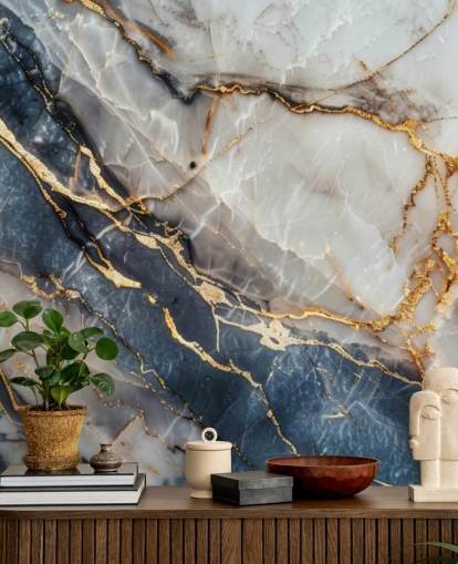 witte, blauwe en gouden marmeren muurschildering genaamd Statuario White and Blue Marble voor eetkamers, keukens en badkamers witte, blauwe en gouden marmeren muurschildering genaamd Statuario White and Blue Marble voor eetkamers, keukens en badkamers