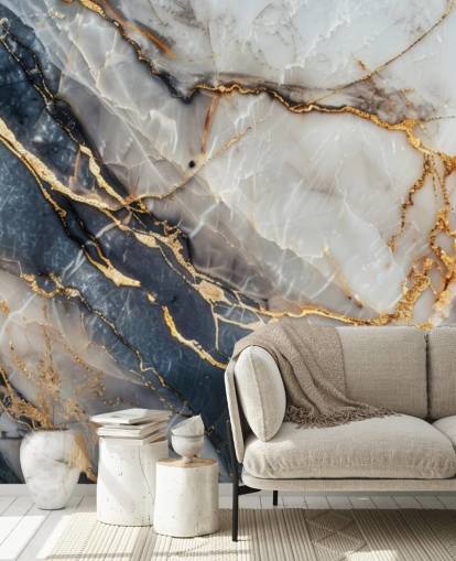 witte, blauwe en gouden marmeren muurschildering genaamd Statuario White and Blue Marble voor eetkamers, keukens en badkamers