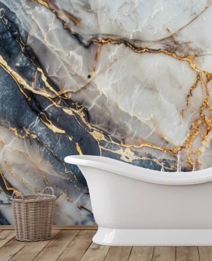white, blue and gold marble wallpaper mural called Statuario White and Blue Marble for dining rooms, kitchens and bathrooms