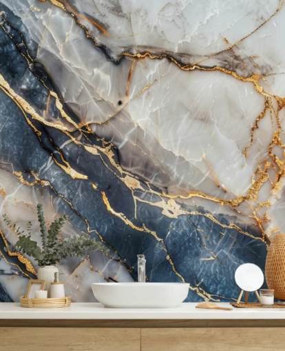 Tapetentapete aus weißem, blauem und goldenem Marmor namens Statuario White and Blue Marble für Esszimmer, Küchen und Badezimmer