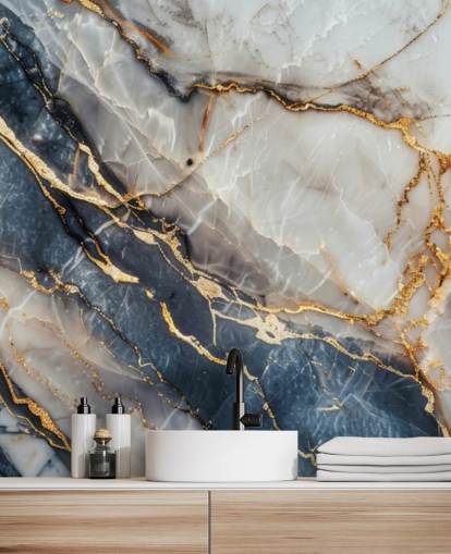 papier peint mural en marbre blanc, bleu et or appelé Statuario White and Blue Marble pour les salles à manger, les cuisines et les salles de bain