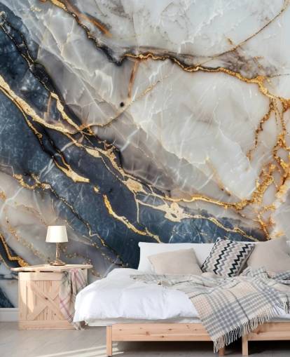 witte, blauwe en gouden marmeren muurschildering genaamd Statuario White and Blue Marble voor eetkamers, keukens en badkamers