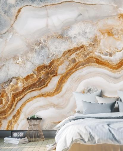 white and gold marble wallpaper mural called White Grey and Gold Swirls Marble for bathrooms, kitchens and dining rooms