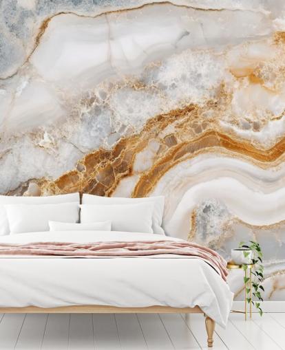 white and gold marble wallpaper mural called White Grey and Gold Swirls Marble for bathrooms, kitchens and dining rooms