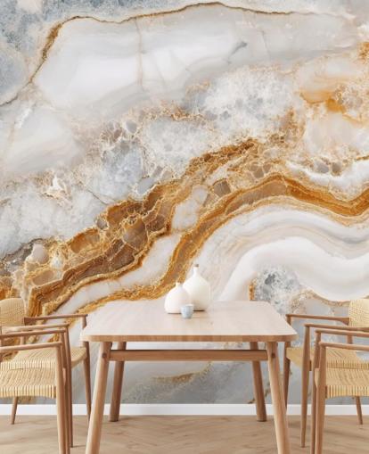 hvid og guld marmor tapet vægmaleri kaldet White Grey and Gold Swirls Marble til badeværelser, køkkener og spisestuer