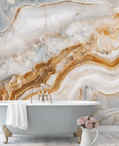 hvid og guld marmor tapet vægmaleri kaldet White Grey and Gold Swirls Marble til badeværelser, køkkener og spisestuer