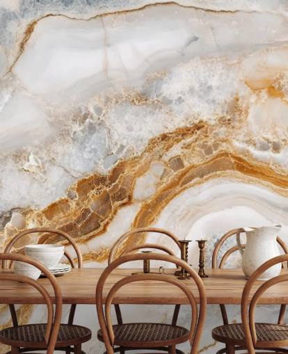 hvid og guld marmor tapet vægmaleri kaldet White Grey and Gold Swirls Marble til badeværelser, køkkener og spisestuer