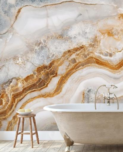 white and gold marble wallpaper mural called White Grey and Gold Swirls Marble for bathrooms, kitchens and dining rooms
