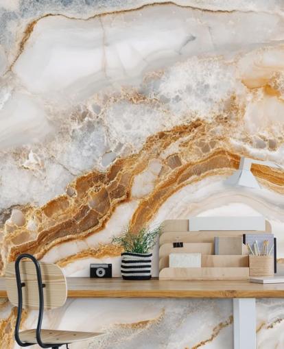 white and gold marble wallpaper mural called White Gray and Gold Swirls Marble for bathrooms, kitchens and dining rooms
