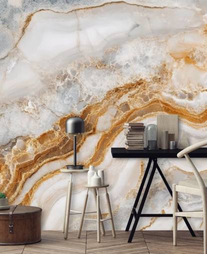 papier peint mural en marbre blanc et doré appelé White Grey and Gold Swirls Marble pour les salles de bain, les cuisines et les salles à manger
