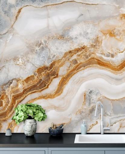 hvid og guld marmor tapet vægmaleri kaldet White Grey and Gold Swirls Marble til badeværelser, køkkener og spisestuer