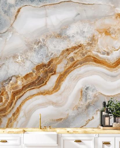 valkoinen ja kultainen marmoritapetti seinämaalaus nimeltä White Grey and Gold Swirls Marble kylpyhuoneisiin, keittiöihin ja ruokasaleihin
