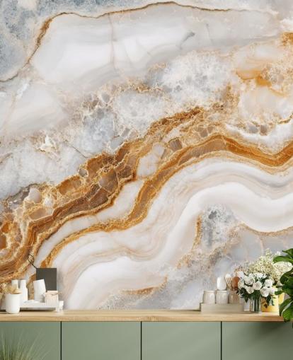 papier peint mural en marbre blanc et doré appelé White Grey and Gold Swirls Marble pour les salles de bain, les cuisines et les salles à manger