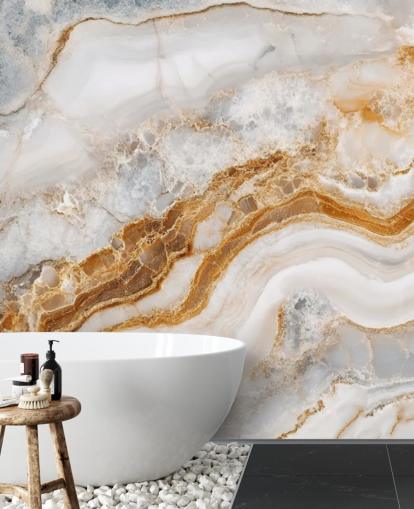 white and gold marble wallpaper mural called White Gray and Gold Swirls Marble for bathrooms, kitchens and dining rooms
