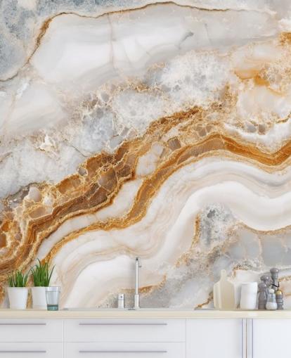 white and gold marble wallpaper mural called White Grey and Gold Swirls Marble for bathrooms, kitchens and dining rooms