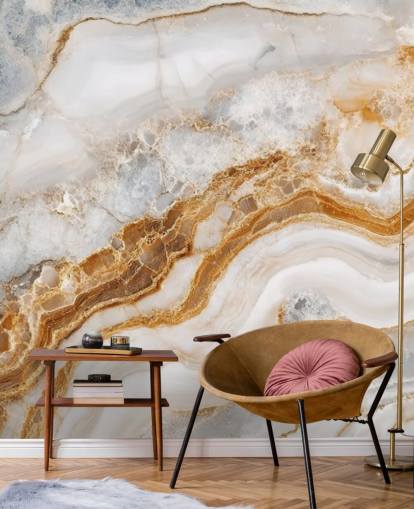 white and gold marble wallpaper mural called White Gray and Gold Swirls Marble for bathrooms, kitchens and dining rooms
