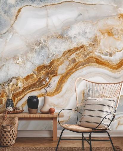 hvit og gull marmor tapet veggmaleri kalt White Grey and Gold Swirls Marble for bad, kjøkken og spisestuer