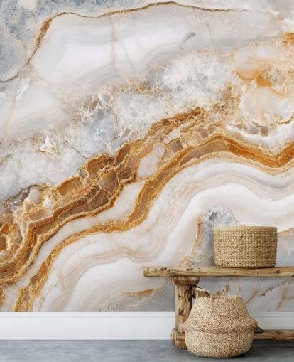hvit og gull marmor tapet veggmaleri kalt White Grey and Gold Swirls Marble for bad, kjøkken og spisestuer
