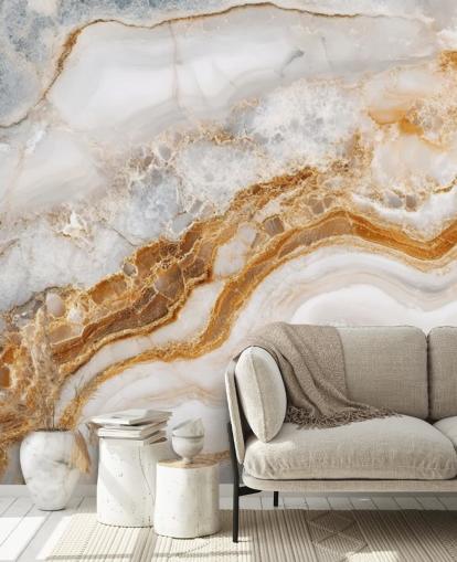 vit och guld marmor tapetväggmålning kallad White Grey and Gold Swirls Marble för badrum, kök och matsalar