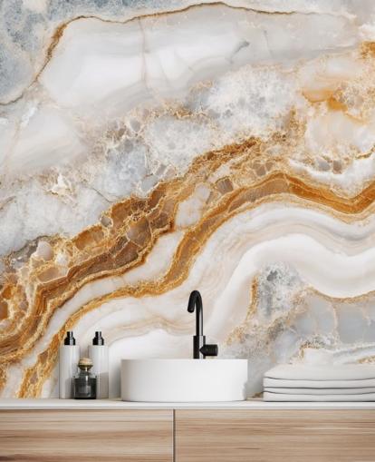 mural de papel pintado de mármol blanco y dorado llamado White Grey and Gold Swirls Marble para baños, cocinas y comedores