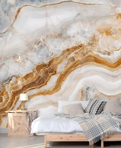 mural de papel pintado de mármol blanco y dorado llamado White Grey and Gold Swirls Marble para baños, cocinas y comedores
