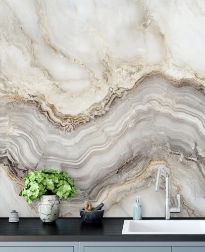 white and grey marble wallpaper mural called Elegant White and Grey Marble for bathrooms and kitchens