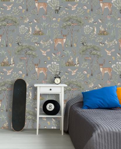 blue kids forest wallpaper mural called Blue Fantastic Forest by Kikki Belle for a nursery or kids bedroom