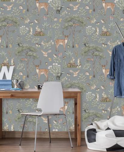 Blaues Wald-Wandbild für Kinder namens Blue Fantastic Forest von Kikki Belle für ein Baby- oder Kinderzimmer