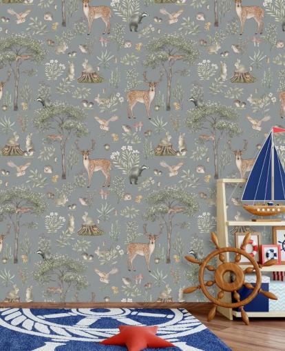 blue kids forest wallpaper mural called Blue Fantastic Forest by Kikki Belle for a nursery or kids bedroom
