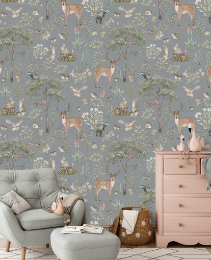 blauwe bosbehangmuurschildering voor kinderen genaamd Blue Fantastic Forest van Kikki Belle voor een kinderkamer of kinderkamer blauwe bosbehangmuurschildering voor kinderen genaamd Blue Fantastic Forest van Kikki Belle voor een kinderkamer of kinderkamer