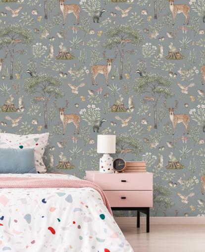 carta da parati murale blu per bambini chiamata Blue Fantastic Forest di Kikki Belle per un asilo nido o una camera da letto per bambini