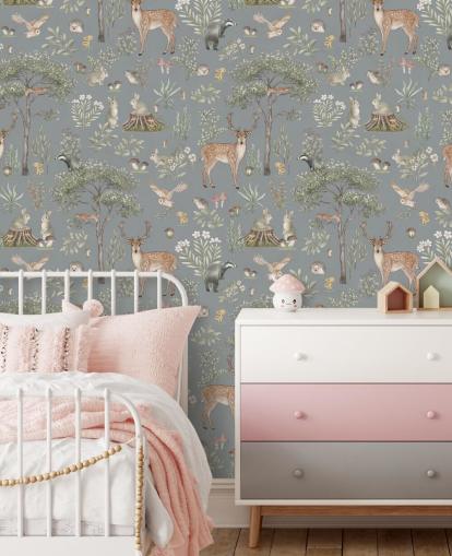 Blaues Wald-Wandbild für Kinder namens Blue Fantastic Forest von Kikki Belle für ein Baby- oder Kinderzimmer